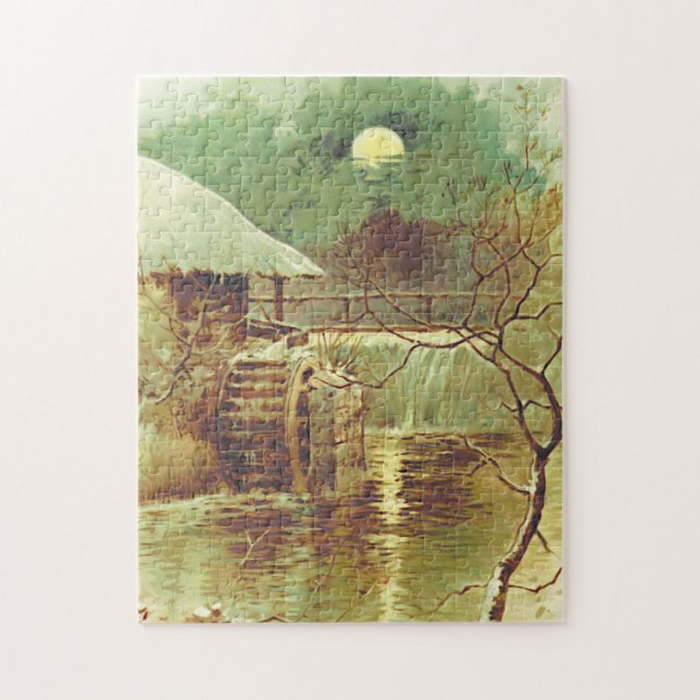 Nighttime Waterwheel, Moon, Waterfall Scene Puzzle (Vertical)