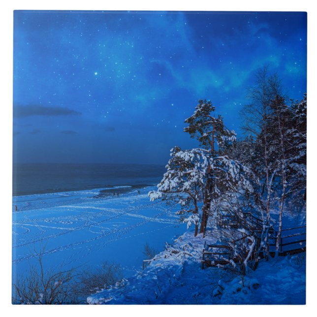 Nighttime winter scene with snow covered pines ceramic tile (Front)