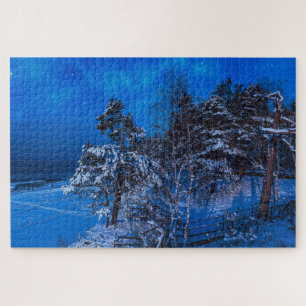 Nighttime winter scene with snow covered pines jigsaw puzzle