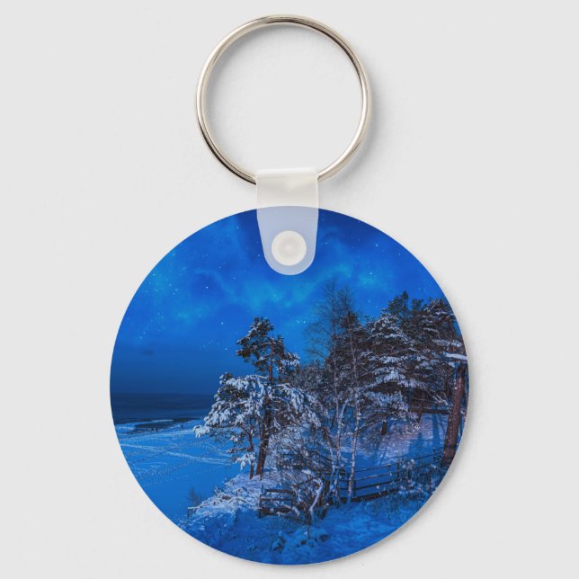 Nighttime winter scene with snow covered pines key ring (Front)