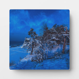 Nighttime winter scene with snow covered pines plaque