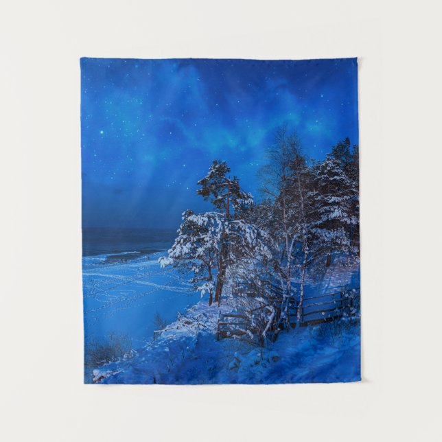 Nighttime winter scene with snow covered pines tapestry (Front)