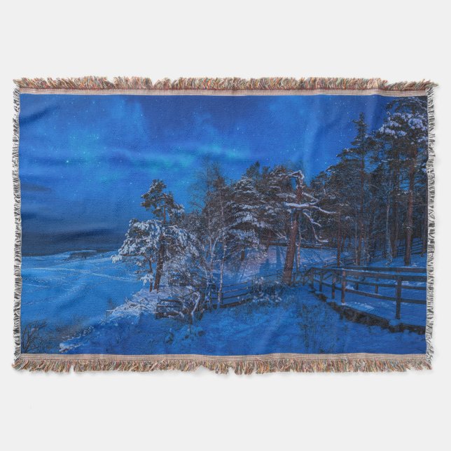 Nighttime winter scene with snow covered pines throw blanket (Front)