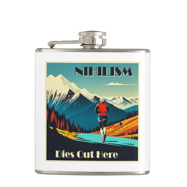 Nihilism Dies Out Here Running Hip Flask (Front)