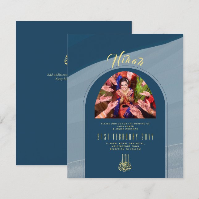 NIKAH Blue Gold PHOTO Wedding Invitation (Front/Back)