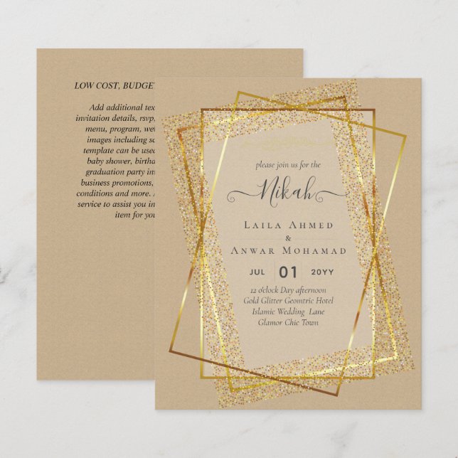 NIKAH Gold Frame Bismillah Islamic Wedding Invites (Front/Back)