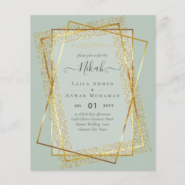 NIKAH Gold Frame Bismillah Islamic Wedding Invites Flyer (Front)