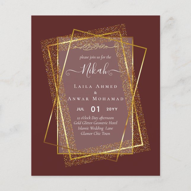 NIKAH Gold Frame Bismillah Islamic Wedding Invites Flyer (Front)