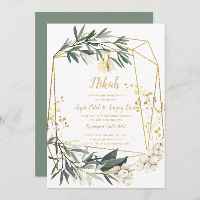 Nikah - Gold Greenery Islamic Motif Wedding Invite (Front/Back)