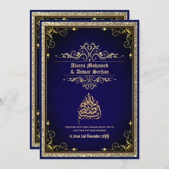 NIKAH - islamic Wedding Calligraphy Blue Gold Invitation (Front/Back)