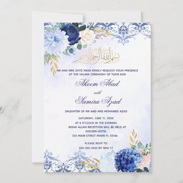 Nikah or Valima Ceremony Invitation Blue Gold (Front)