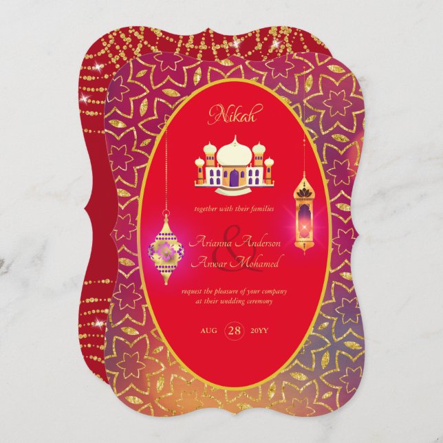 NIKAH - Ornate Mosque Red Gold Wedding Invitation (Front/Back)