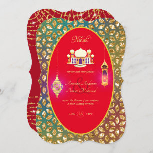 NIKAH - Ornate Mosque Red Gold Wedding Invitation