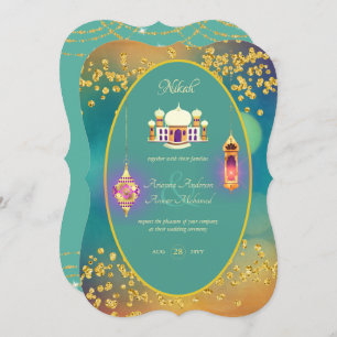 NIKAH - Ornate Mosque Teal Gold Wedding Invitation