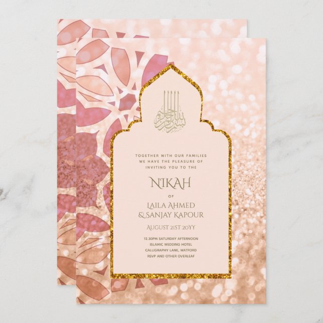 NIKAH - Ornate Rosegold Pink Gold Wedding Invitati Invitation (Front/Back)