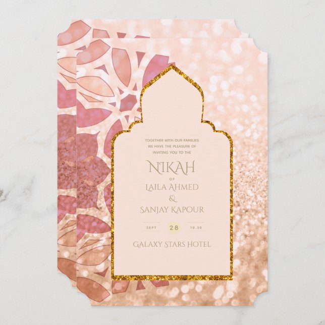 NIKAH - Ornate Rosegold Pink Gold Wedding Invitation (Front/Back)