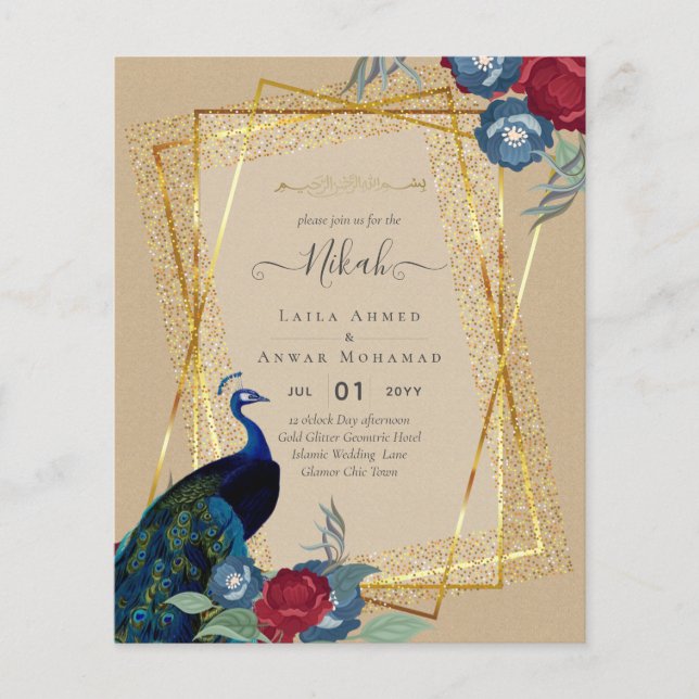 NIKAH Peacock Floral Gold Frame Islamic Wedding Flyer (Front)