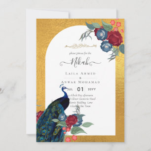 NIKAH Peacock Floral Gold Frame Islamic Wedding Invitation