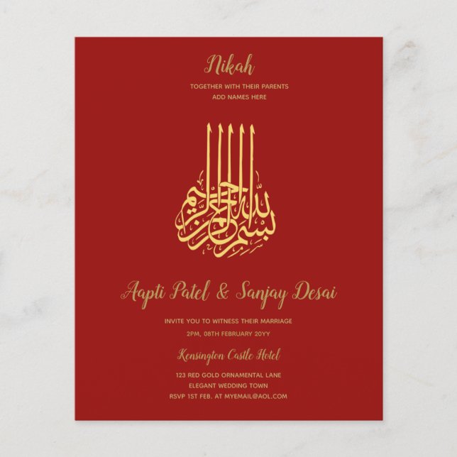 Nikah - Red Gold Islamic Motif Wedding Invites Flyer (Front)