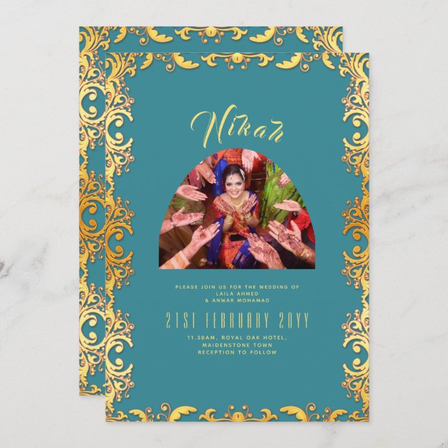 NIKAH Teal Gold PHOTO Islamic Wedding Invitation (Front/Back)