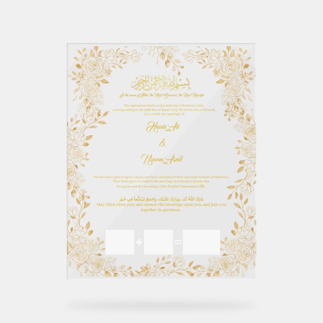 Nikkah certificate, Muslim Contract,  Acrylic Sign (Front)