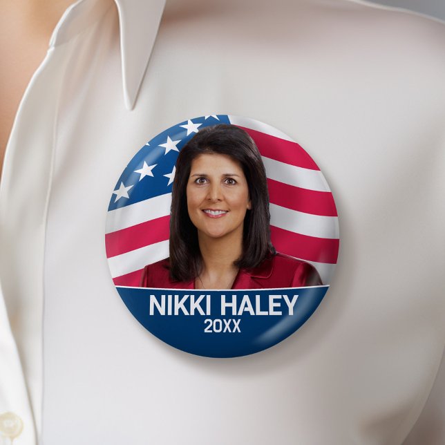 Nikki Haley - Campaign Photo with American Flag 6 Cm Round Badge (Nikki Haley Campaign Button - Great Rally button for the Next Election)