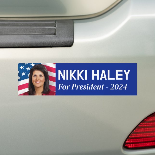Nikki Haley - Campaign Photo with American Flag Bumper Sticker (On Car)