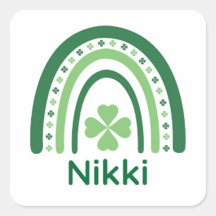 Nikki Name Clover Boho Rainbow Square Sticker