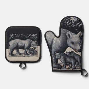 Niko Pirosmani - White Bear with Cubs Oven Mitt & Pot Holder Set