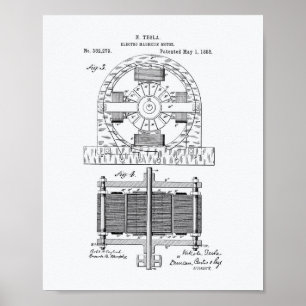 Nikola Tesla 1888 Patent Art - White Paper Poster