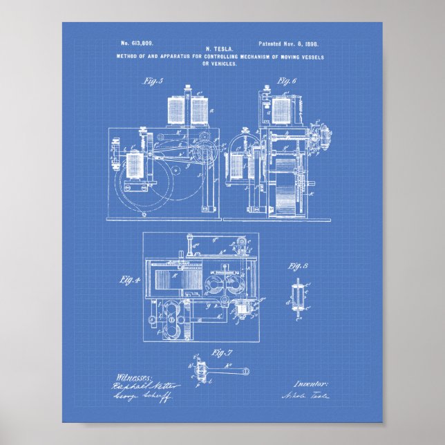 Nikola Tesla 1898 Patent Art - Blueprint Poster (Front)