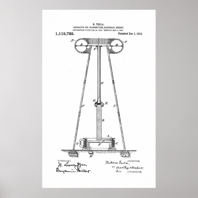 Nikola Tesla Energy Transmission Pantent US1119732 Poster (Front)