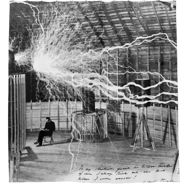 Nikola Tesla in His Lab Shower Curtain (Front)