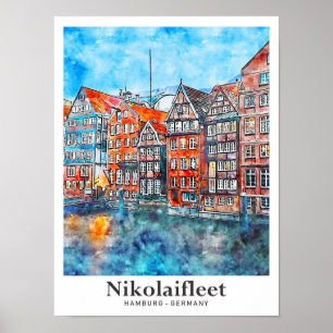 Nikolaifleet Hamburg Germany Travel Watercolor Poster