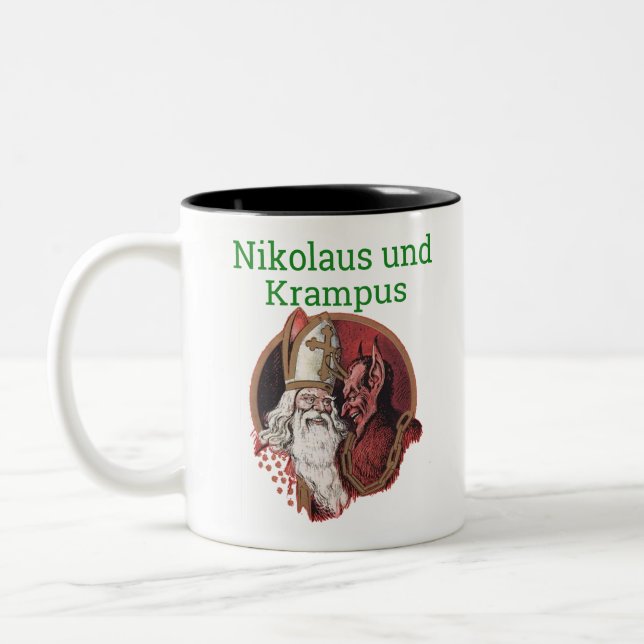 Nikolaus and Krampus German Christmas Two-Tone Coffee Mug (Left)