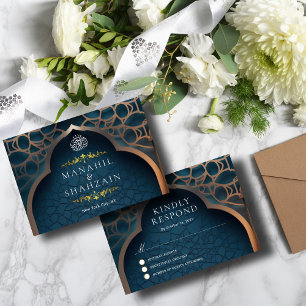 Nile Blue Islamic 3D Arch Elegant Muslim Wedding RSVP Card