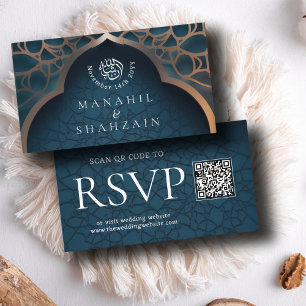 Nile Blue Islamic Arch QR Code RSVP Wedd Website Enclosure Card