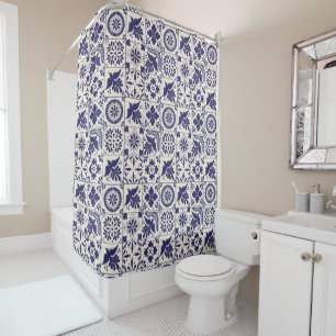 Nile Blue Linen Mexican Traditional Talavera Tiles Shower Curtain