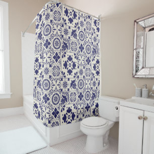 Nile Blue Linen Mexican Traditional Talavera Tiles Shower Curtain