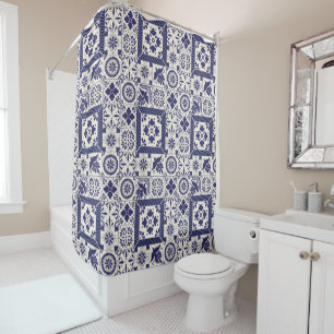 Nile Blue Linen Mexican Traditional Talavera Tiles Shower Curtain