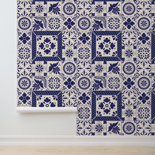 Nile Blue Linen Mexican Traditional Talavera Tiles Wallpaper (Application)