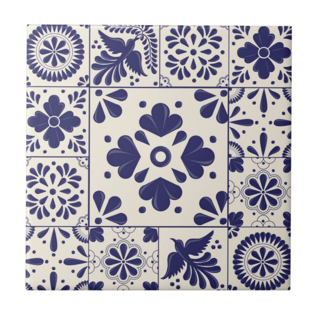 Nile Blue Mexican Traditional Floral Talavera  Ceramic Tile (Front)