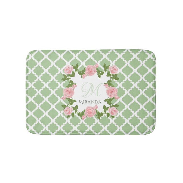 Nile Green Quatrefoil Pink Rose Monogram With Name Bath Mat (Front)
