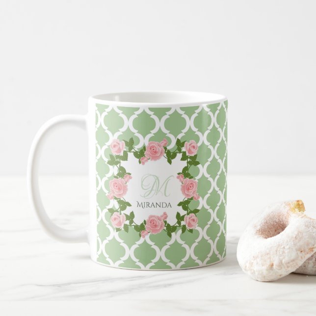 Nile Green Quatrefoil Pink Rose Monogram With Name Coffee Mug (With Donut)