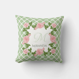Nile Green Quatrefoil Pink Rose Monogram With Name Cushion