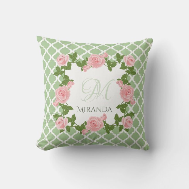 Nile Green Quatrefoil Pink Rose Monogram With Name Cushion (Front)