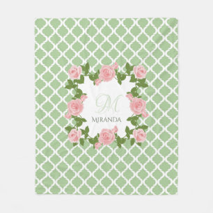 Nile Green Quatrefoil Pink Rose Monogram With Name Fleece Blanket