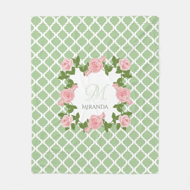 Nile Green Quatrefoil Pink Rose Monogram With Name Fleece Blanket (Front)