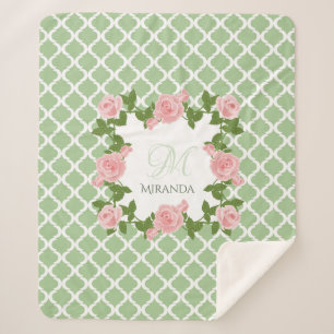 Nile Green Quatrefoil Pink Rose Monogram With Name Sherpa Blanket