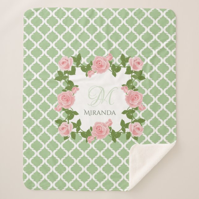 Nile Green Quatrefoil Pink Rose Monogram With Name Sherpa Blanket (Front)